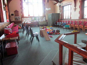 Church interior with chairs and play area