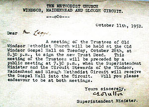 Letter affirming that Old Windsor would become a Methodist Church